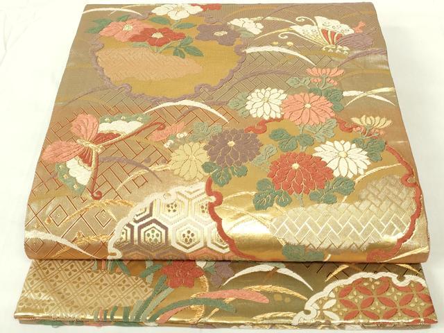 平和屋着物●佐賀錦　六通柄袋帯　唐織　切嵌雪輪花蝶文　金糸　鈴乃屋扱い　正絹　逸品　DAAY0345ob 平和屋着物◎佐賀錦 六通柄袋帯 唐織 雪輪花蝶文 金糸