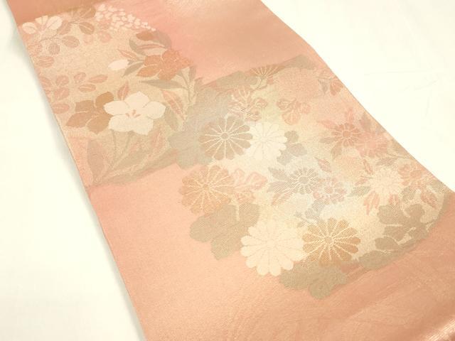 平和屋着物*夏物 六通柄袋帯 草花文 金糸 正絹 逸品 DABA0074cm