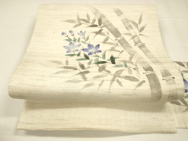 平和屋着物*夏物 九寸名古屋帯 手描き 笹竹草花文 麻 逸品 DABA0125cm