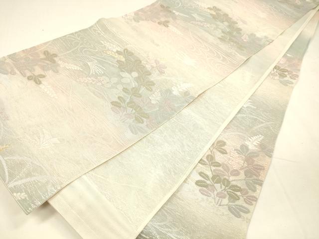 平和屋着物*夏物 六通柄袋帯 唐織 流水草葉文 銀糸 正絹 逸品 DABA0154cm
