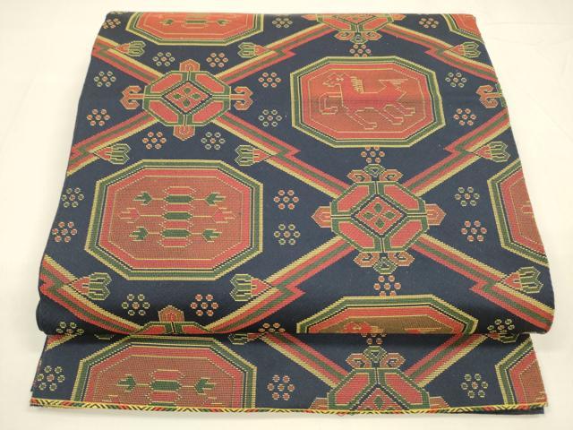 平和屋着物●六通柄 本袋帯 名物裂類綿文 正絹 逸品 DABA0175cm