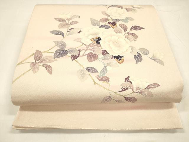 平和屋着物●太鼓柄袋帯 作家物 枝花文 銀通し地 正絹 逸品 DABA0178cm