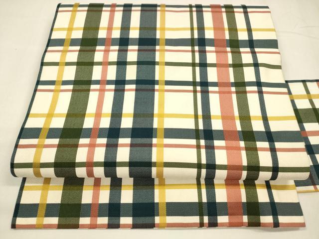 平和屋着物●全通柄九寸名古屋帯 格子 正絹 逸品 DABA0203cm