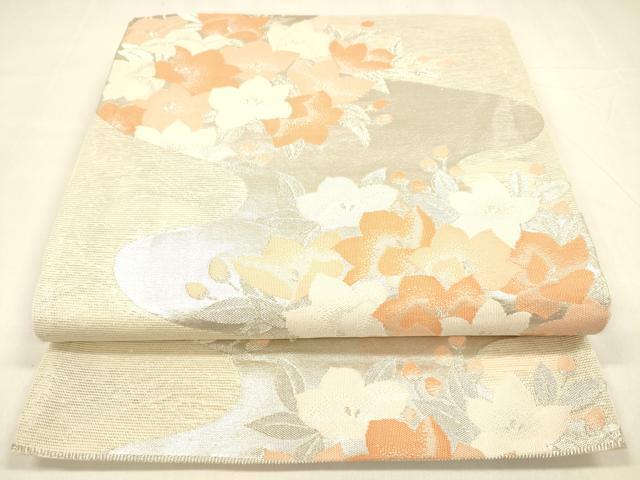 平和屋着物*夏物 六通柄袋帯 流水草花文 銀糸 正絹 逸品 DABA0264cm