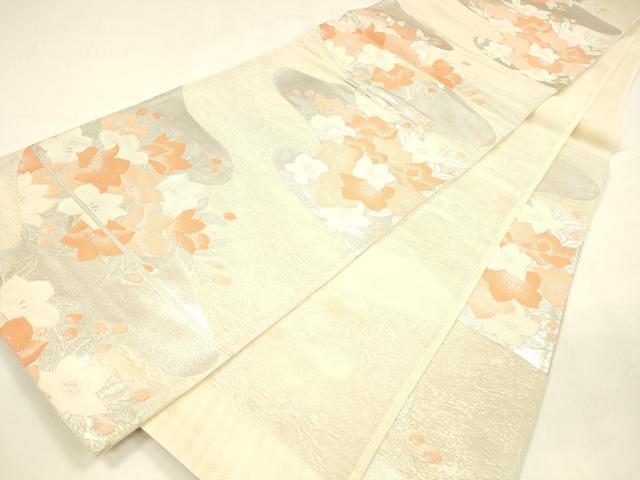 平和屋着物*夏物 六通柄袋帯 流水草花文 銀糸 正絹 逸品 DABA0264cm