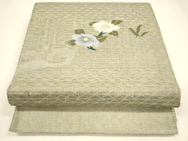 平和屋着物*夏物 六通柄袋帯 流水草花文 金糸 正絹 逸品 DABA0319cm