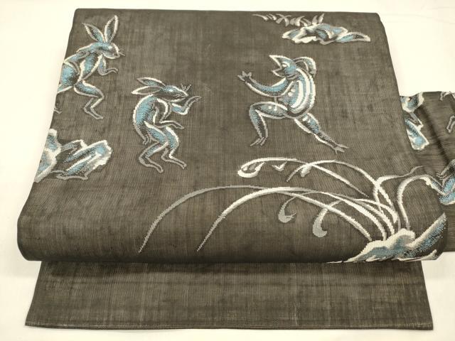 平和屋着物*夏物 絹芭蕉 九寸名古屋帯 鳥獣戯画 黒地 銀糸 正絹 逸品 DABA0348cm