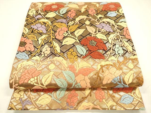 平和屋着物●六通柄袋帯 唐織 草花文 金糸 正絹 逸品 DABA0433cm