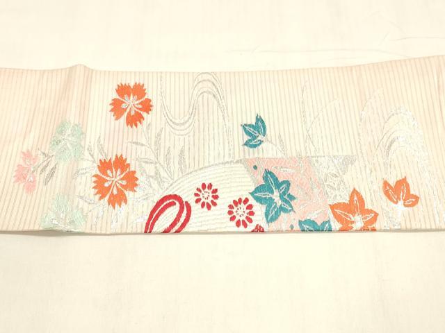 平和屋着物*夏物 アンティーク 大正ロマン 絽塩瀬 九寸名古屋帯 唐織 流水仕覆花文 銀糸 正絹 逸品 DABA0461cm