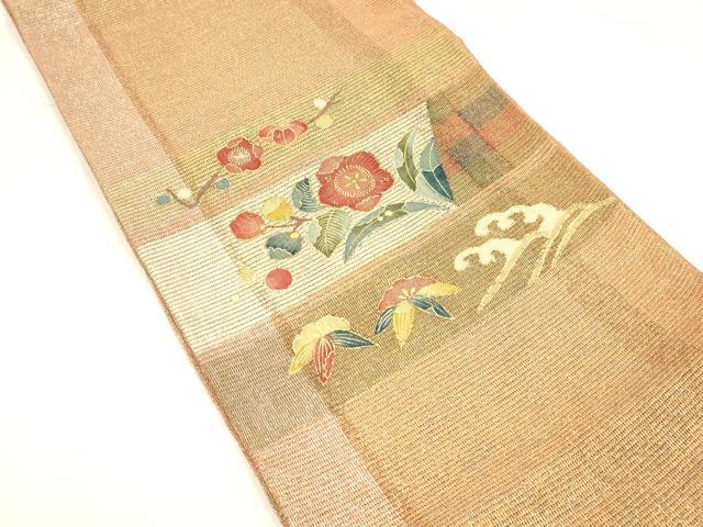 平和屋着物*夏物 太鼓柄袋帯 枝花立波文 金彩 正絹 逸品 DABA0462cm