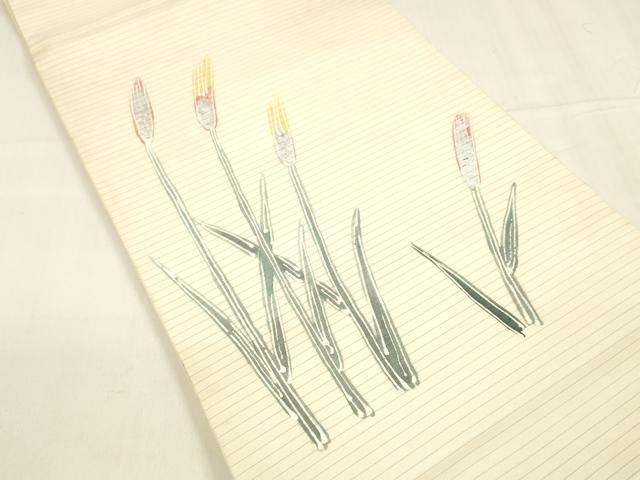 平和屋着物*夏物 絽塩瀬 九寸開き名古屋帯 手描き 草葉文 銀彩 正絹 逸品 DABA0511cm