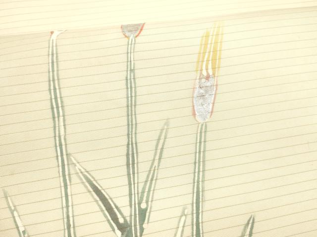 平和屋着物*夏物 絽塩瀬 九寸開き名古屋帯 手描き 草葉文 銀彩 正絹 逸品 DABA0511cm