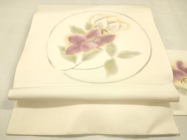 平和屋着物●塩瀬 九寸名古屋帯 枝花文 銀糸 正絹 逸品 DABA0575cm