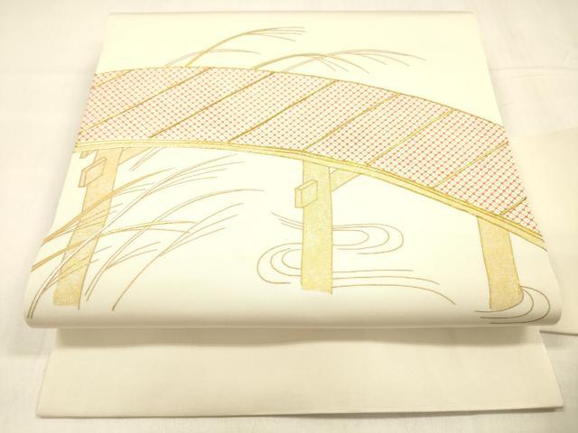 平和屋着物●塩瀬　九寸名古屋帯　駒刺繍　流水鹿の子渡橋文　金彩　正絹　逸品　DABA0576cm 平和屋着物○塩瀬 九寸名古屋帯 駒刺繍 流水鹿の子渡橋文 金彩