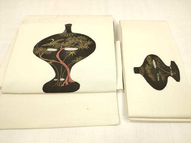 平和屋着物●塩瀬 つけ帯 器物飛鶴松文 金彩 正絹 逸品 DABA0591cm