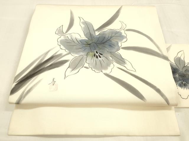 平和屋着物○塩瀬 九寸名古屋帯 作家物 手描き 草花文 正絹 逸品