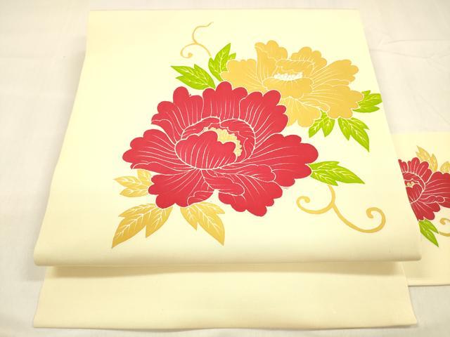 平和屋着物○塩瀬 九寸名古屋帯 牡丹唐草文 金彩 正絹 逸品 DABA0611cm