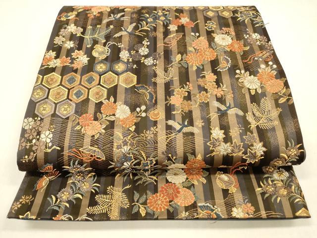 平和屋着物●六通柄袋帯 唐織 宝尽くし舞蝶花鳥文 金糸 正絹 逸品 DABA0637cm