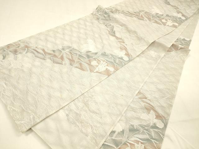 平和屋着物*夏物 六通柄袋帯 流水草花文 銀糸 正絹 逸品 DABA0689cm