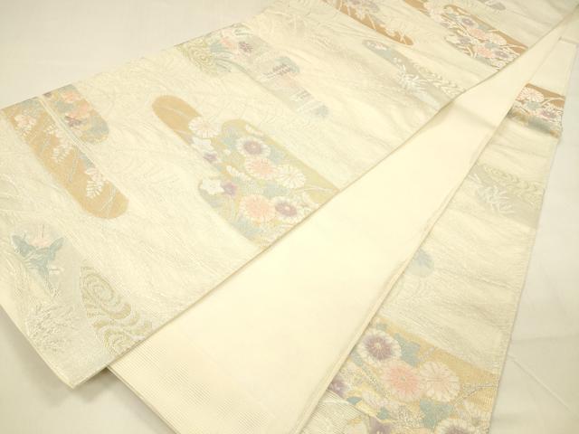 平和屋着物*夏物 六通柄袋帯 流水草花文 金銀糸 正絹 逸品 DABA0703cm