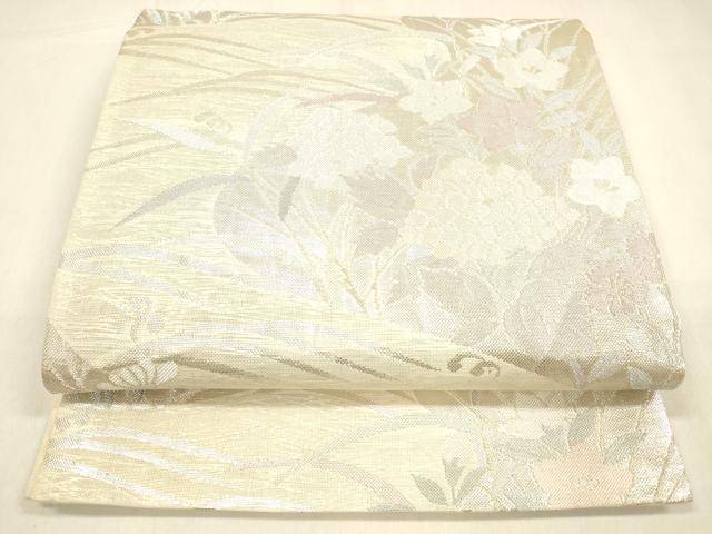 平和屋着物*夏物 六通柄袋帯 流水草花文 銀糸 正絹 逸品 DABA0709cm