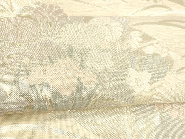 平和屋着物*夏物 六通柄袋帯 流水草花文 銀糸 正絹 逸品 DABA0709cm