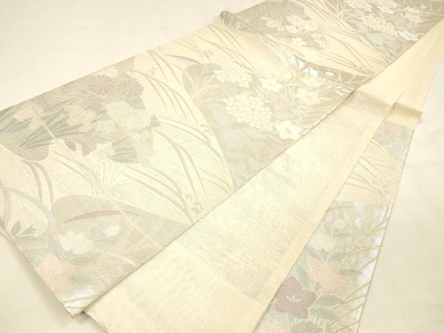 平和屋着物*夏物 六通柄袋帯 流水草花文 銀糸 正絹 逸品 DABA0709cm