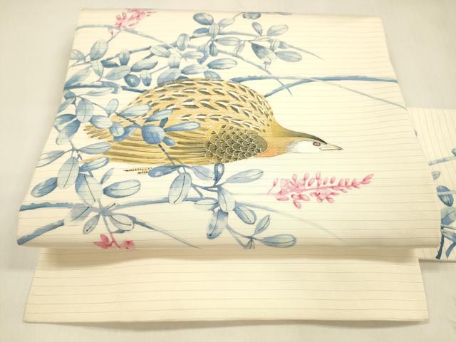 平和屋着物*夏物 絽塩瀬 九寸名古屋帯 手描き 鶉草葉文 正絹 逸品 DABA0735cm