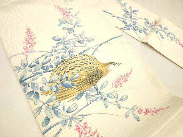 平和屋着物*夏物 絽塩瀬 九寸名古屋帯 手描き 鶉草葉文 正絹 逸品 DABA0735cm