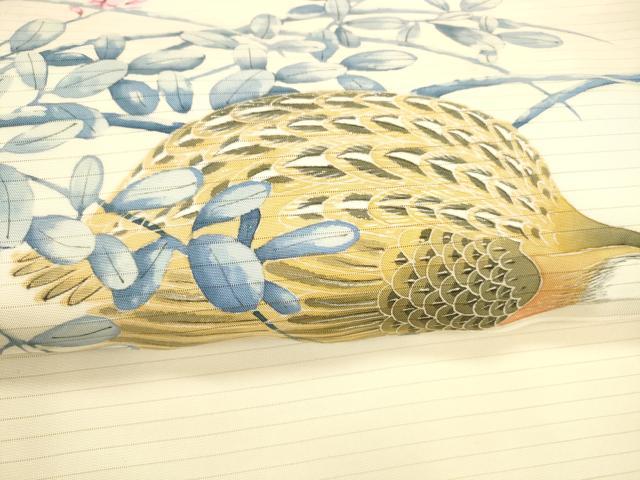 平和屋着物*夏物 絽塩瀬 九寸名古屋帯 手描き 鶉草葉文 正絹 逸品 DABA0735cm