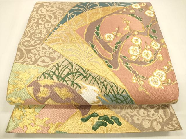平和屋着物●六通柄袋帯 唐織 風景飛鳥枝花松文 金糸 正絹 逸品 DABA0769cm