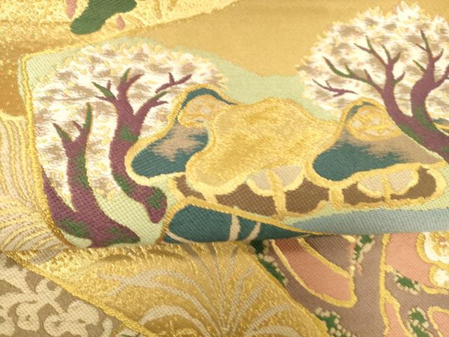 平和屋着物●六通柄袋帯 唐織 風景飛鳥枝花松文 金糸 正絹 逸品 DABA0769cm