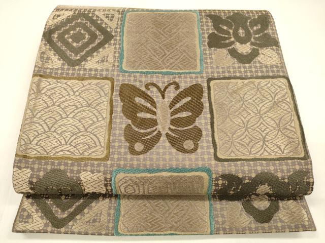 平和屋着物●六通柄袋帯 唐織 松葉花蝶文 正絹 逸品 DABA0779cm