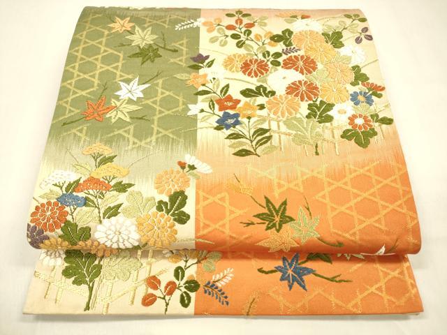 平和屋着物●六通柄袋帯　唐織　草花文　金糸　正絹　逸品　DABA0791cm 平和屋着物○六通柄袋帯 唐織 草花文 金糸 正絹 逸品 DABA0791cm