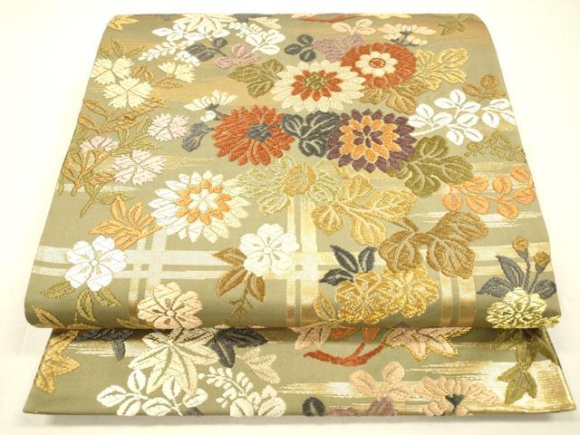 平和屋着物○六通柄袋帯 能衣唐織 格子秋草桜文 金糸