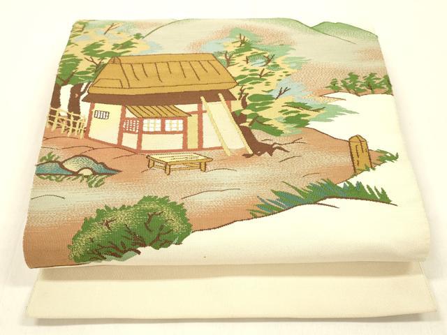 平和屋着物●爪掻き本綴れ 八寸名古屋帯 風景文 正絹 逸品 DABA0808cm