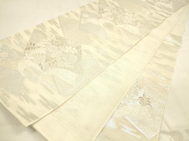 平和屋着物*夏物 六通柄袋帯 唐織 冊子草花文 銀糸 正絹 逸品 DABA0900cm