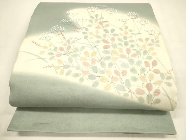 平和屋着物＊夏物　絹芭蕉　太鼓柄袋帯　手描き　鈴虫草葉文　正絹　逸品　DABA0479cm 平和屋着物＊夏物 絹芭蕉 太鼓柄袋帯 手描き 枝葉文 金彩 正絹 逸品