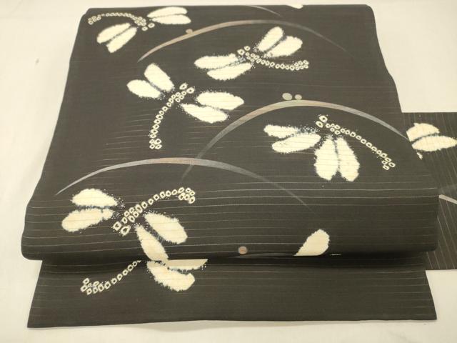 平和屋着物＊夏物　絽塩瀬　九寸名古屋帯　絞り　蜻蛉露芝文　黒地　正絹　逸品　DABA0942cm 平和屋着物＊夏物 絽塩瀬 九寸名古屋帯 絞り 蜻蛉露芝文