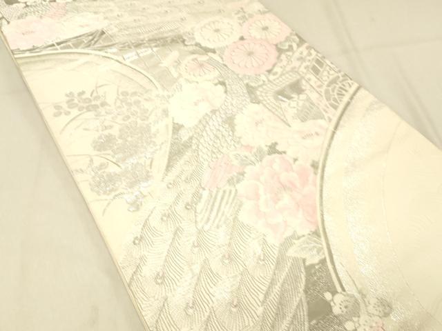 平和屋着物◎六通柄袋帯 唐織 流水孔雀文様 プラチナ箔 正絹 逸品 DABA0976cm