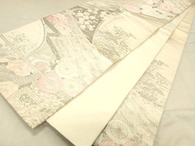 平和屋着物◎六通柄袋帯 唐織 流水孔雀文様 プラチナ箔 正絹 逸品 DABA0976cm