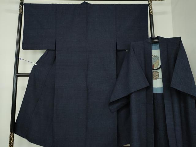 平和屋着物○男性 結城紬 アンサンブル 長羽織 杢 濃紺地 正絹 逸品