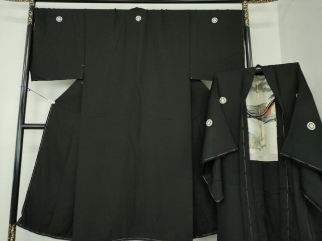 平和屋着物●男性 黒紋付 羽織セット キングサイズ 長羽織 正絹 逸品 未使用 DABA1144ps