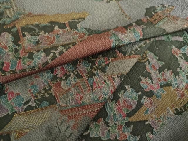 平和屋着物●上質な小紋 人物風景文 鬼しぼ縮緬 金彩 正絹 逸品 DABA1146ps
