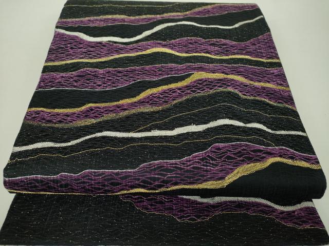 平和屋着物▽六通柄袋帯　スリーシーズン帯　春　夏　秋　櫛織り　霞文　黒地　金銀糸　正絹　逸品　DABA1200ps 平和屋着物▽六通柄袋帯 スリーシーズン帯 春 夏 秋 櫛織り