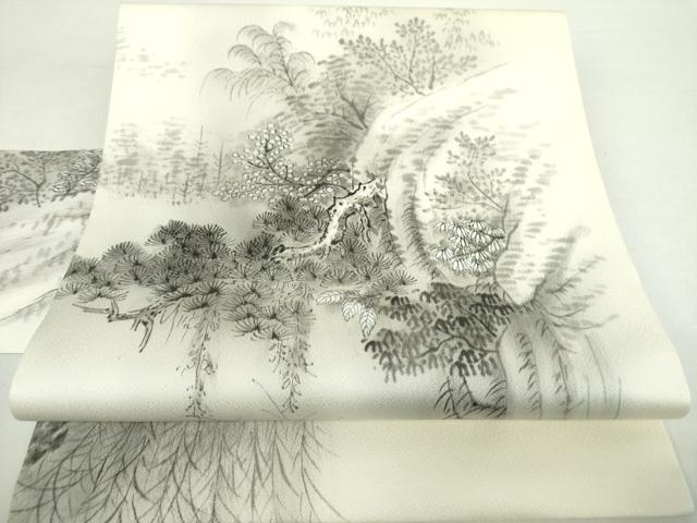 平和屋着物●九寸名古屋帯　手描き　風景花文　滝　正絹　逸品　未使用　DABA1357ps 平和屋着物○九寸名古屋帯 手描き 風景花文 滝 正絹 逸品 未使用