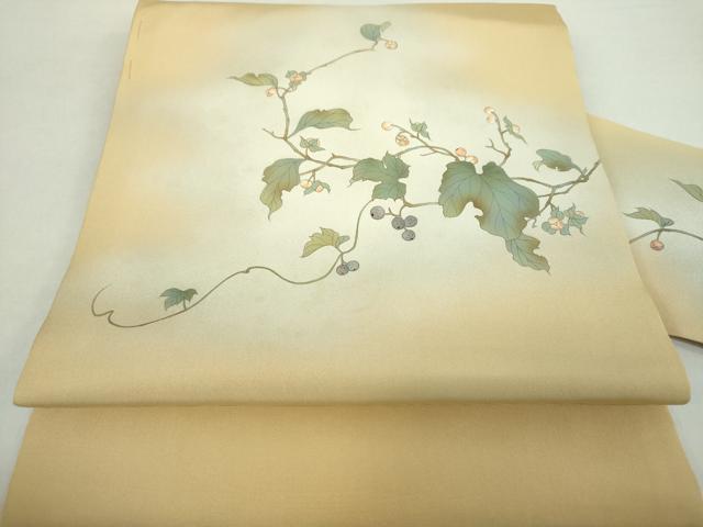 平和屋着物○塩瀬 九寸名古屋帯 手描き 葡萄蔦の葉文 金彩