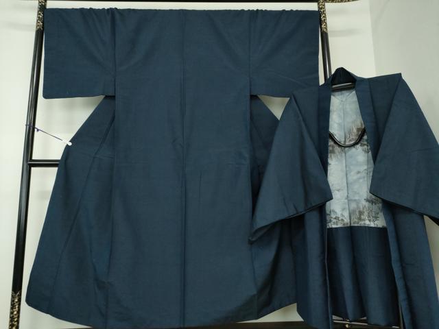平和屋着物●男性 紬 アンサンブル 長羽織 色無地 濃紺地 正絹 逸品 DABA1493ps