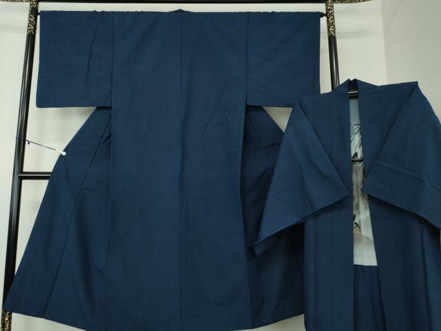 平和屋着物●男性 紬 アンサンブル 色無地 紺地 正絹 逸品 DABA1498ps