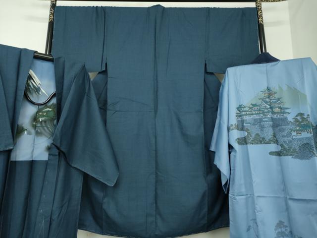 平和屋着物●男性 紬 アンサンブル・長襦袢(無双仕立て)セット キングサイズ 長羽織 120亀甲 総詰 正絹 逸品 未使用 DABA1523ps
